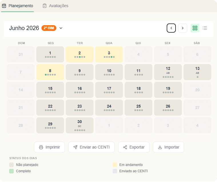 Aplicativo Plannei em uso, mostrando o calendário de planejamento