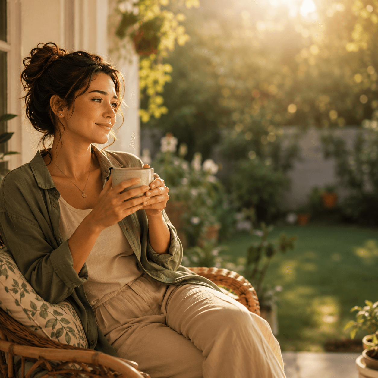 Professora tomando café tranquilamente na varanda, aproveitando o tempo livre